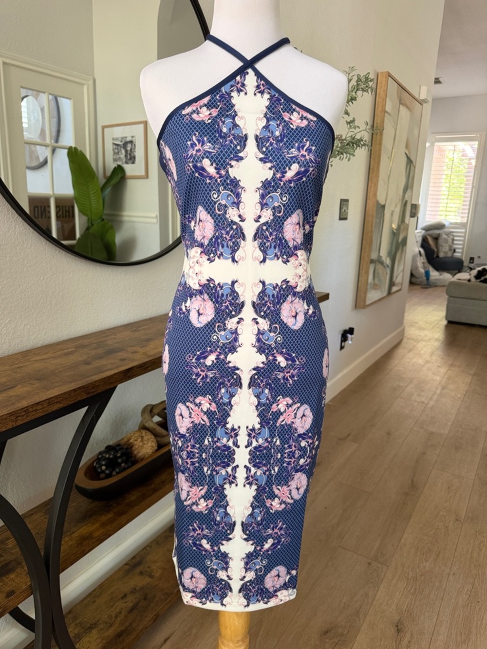 NEW VENUS Navy Midi Scuba Fabric Dress with Pink Floral Motif